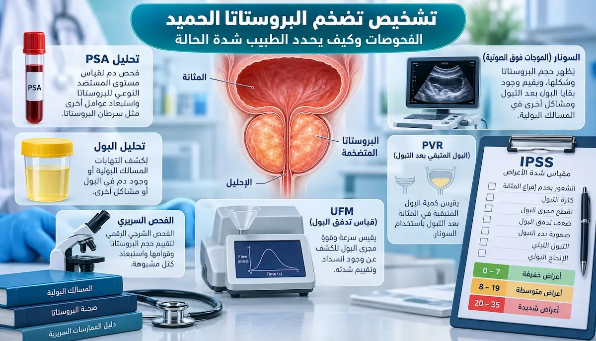 إنفوجرافيك طبي بصري يوضح شرح الفحوصات التشخيصية لتضخم البروستاتا الحميد وتأثير كل فحص (PSA، السونار، قياس التدفق، والباقي البولي) في تحديد شدة الحالة.