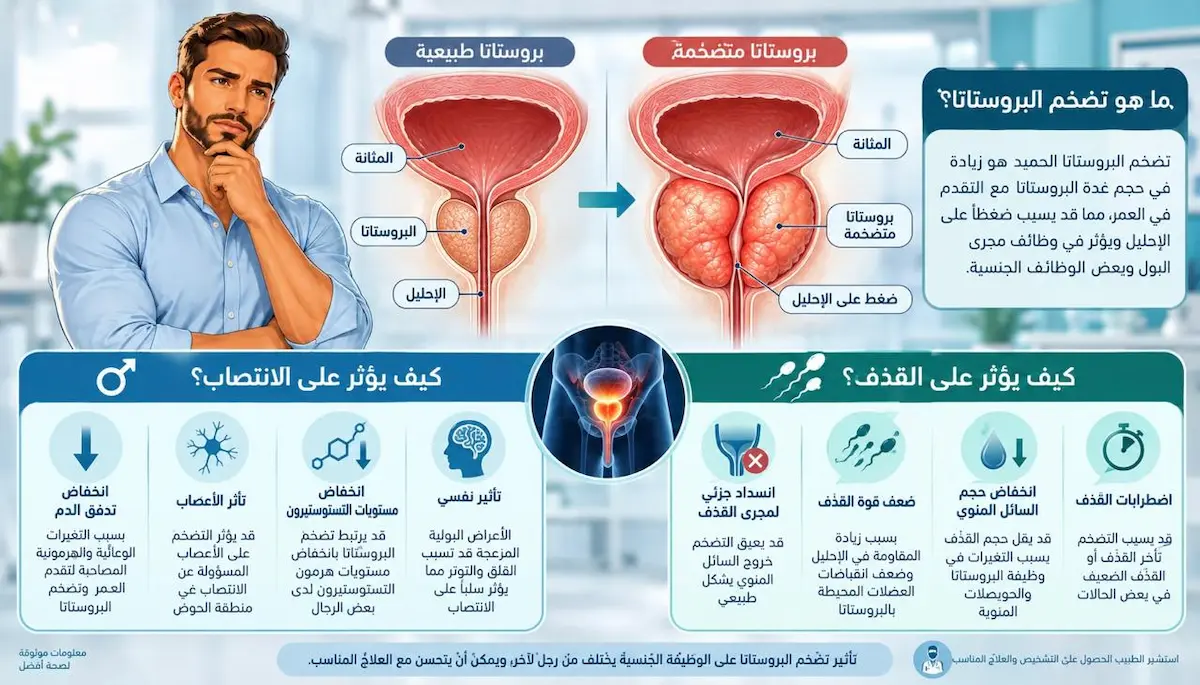 إنفوجرافيك طبي بصري يوضح ملخص تأثير تضخم البروستاتا الحميد على ضعف الانتصاب، القذف المرتجع، والقذف المؤلم وطرق التعامل معها.