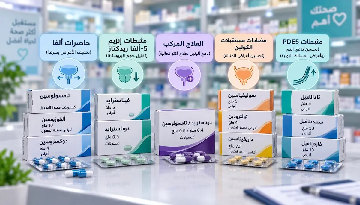رسم توضيحي يظهر علب أدوية تضخم البروستاتا وفئاتها الدوائية المختلفة لمناقشة مقال العلاج الدوائي لتضخم البروستاتا وكيفية اختيار الدواء المناسب.