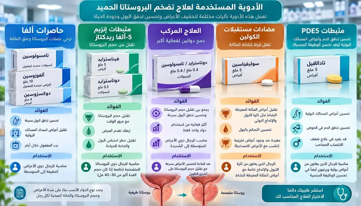 إنفوجرافيك طبي بصري يوضح شرح آلية عمل ودواعي استخدام فئات أدوية تضخم البروستاتا مثل حاصرات ألفا ومثبطات 5-ألفا ريدوكتاز والعلاج المركب.