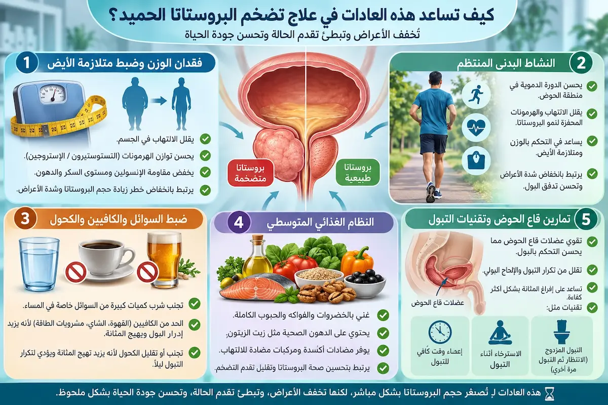 إنفوجرافيك طبي بصري يوضح شرح العادات اليومية والنظام الغذائي المتوسطي وتقنيات التبول الموصى بها طبياً للحد من أعراض تضخم البروستاتا الحميد.
