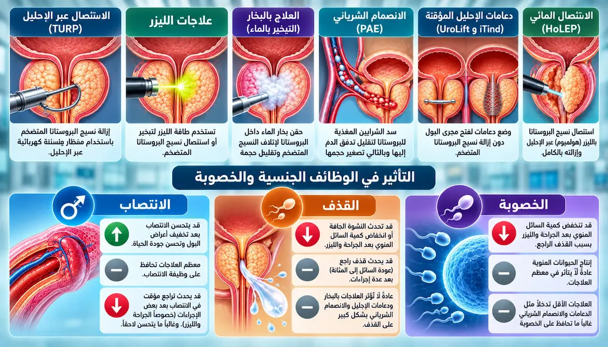 إنفوجرافيك طبي بصري يوضح شرح وتأثير تقنيات علاج تضخم البروستاتا (كالليزر، البخار Rezūm، والقسطرة) على وظيفة الانتصاب، سلامة القذف المرتجع، والحفاظ على الخصوبة.
