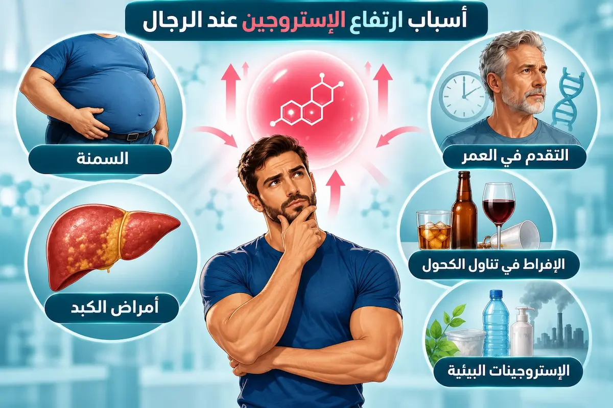 رسم توضيحي ولقطة لشاب يفكر ومحاط بأيقونات تُعبر عن أسباب ارتفاع الإستروجين لمناقشة مقال أسباب ارتفاع الإستروجين عند الرجال والعوامل التي تزيد مستوياته.