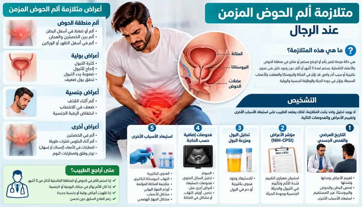 إنفوجرافيك طبي بصري يوضح ملخص الأسباب المحتملة (عصبية، عضلية، نفسية)، وأعراض متلازمة ألم الحوض المزمن (البولية، الجنسية، والألم)، وطرق التشخيص المتبعة.