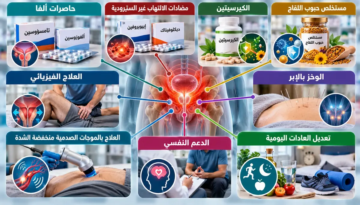 رسم توضيحي لمنطقة الحوض محاطة بأيقونات ورموز الخيارات العلاجية المختلفة لمتلازمة ألم الحوض المزمن (حاصرات ألفا، مضادات الالتهاب، الكيرسيتين، مستخلص حبوب اللقاح، العلاج الفيزيائي، الوخز بالإبر، الموجات الصدمية، والدعم النفسي) لمناقشة مقال خيارات العلاج المتاحة.