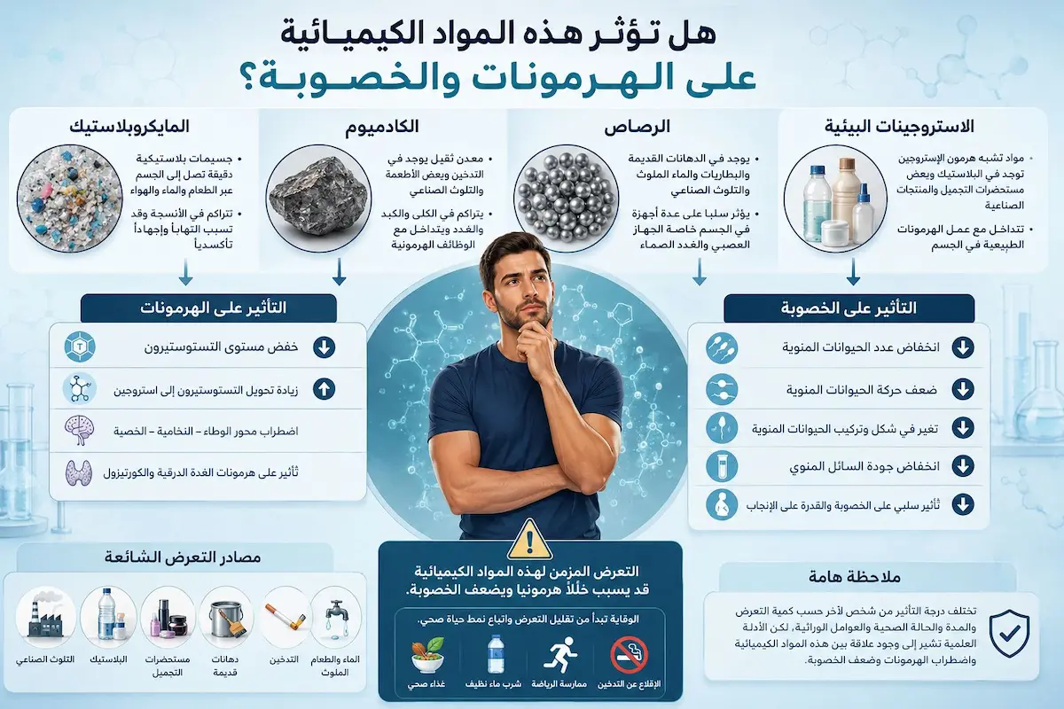 إنفوجرافيك طبي بصري يوضح شرح وآلية تأثير تعطيل الغدد الصماء بسبب المواد الكيميائية اليومية مثل البلاستيك والبارابين على التستوستيرون والخصوبة لدى الرجال.