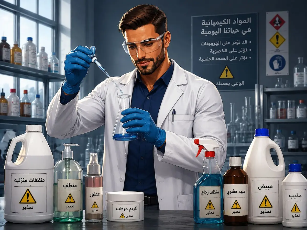 رسم توضيحي ولقطة لشاب داخل مختبر محاط بالمواد الكيميائية اليومية لمناقشة مقال تأثير المواد الكيميائية اليومية على الهرمونات والخصوبة والصحة الجنسية عند الرجال.