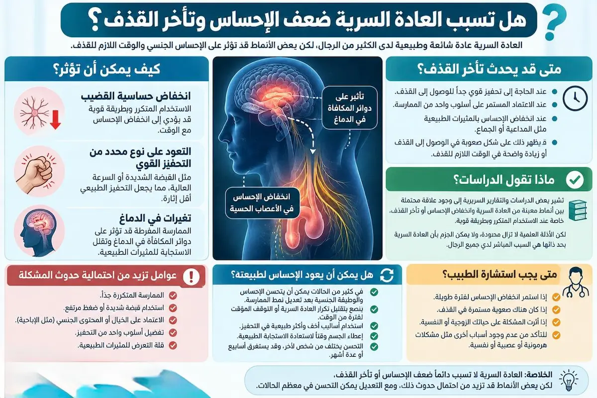 إنفوجرافيك طبي بصري يوضح ملخص متلازمة القبضة الميتة وأسباب ضعف الإحساس وتأخر القذف وطرق التعافي.