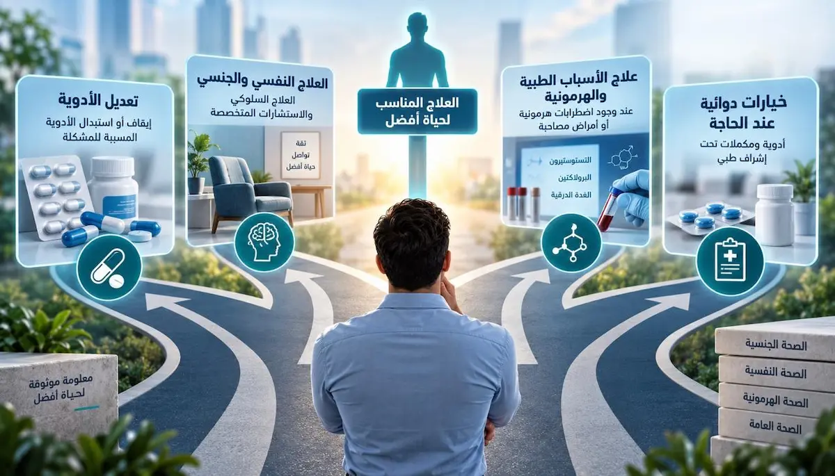 رسم توضيحي ولقطة لمفترق طرق يعرض خيارات وطرق علاجية مختلفة لمناقشة مقال علاج تأخر القذف عند الرجال والخيارات المتاحة.