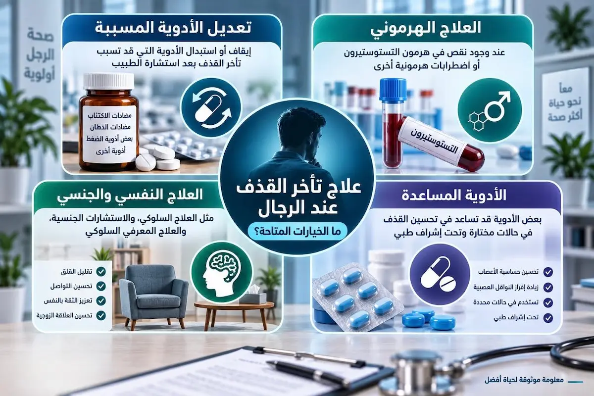 شرح خيارات وطرق علاج تأخر القذف عند الرجال - أطلس الرجل الصحي. إنفوجرافيك طبي بصري يوضح شرح مفصل لخيارات علاج تأخر القذف عند الرجال بما يشمل العلاج الدوائي والسلوكي والنفسي وتعديل نمط الحياة.