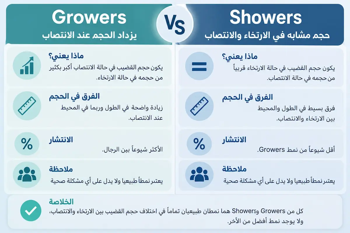 إنفوجرافيك طبي بصري يوضح شرح الفروق العلمية بين نمط Growers ونمط Showers وكيفية تغير الطول والمحيط بين حالتي الارتخاء والانتصاب لدى الرجال.