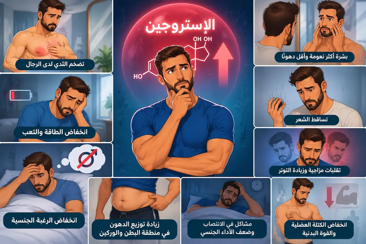 رسم توضيحي ولقطة لشاب يفكر ومحاط بأيقونات تُعبر عن الأعراض والعلامات لمناقشة مقال ارتفاع الإستروجين عند الرجال ومتى يستدعي القلق.