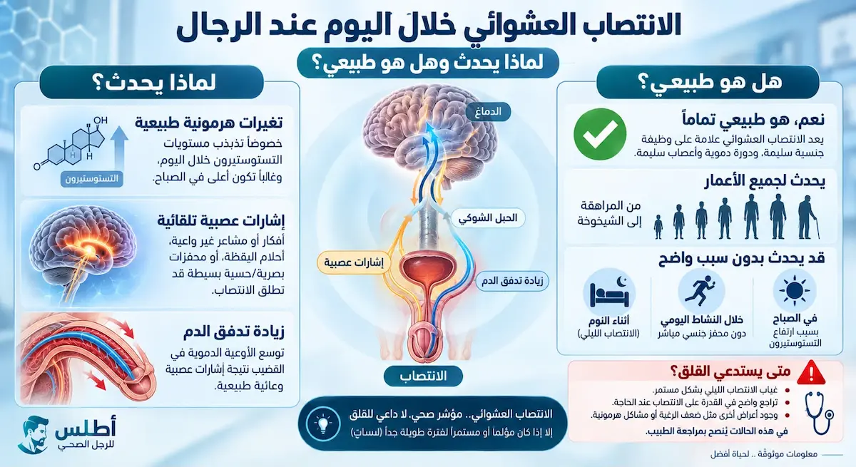 إنفوجرافيك طبي بصري يوضح شرح ماهية وكيفية حدوث الانتصاب العشوائي وأسبابه الفسيولوجية والتأكيد على أنه ظاهرة طبيعية وعلامة صحية لدى الرجال.