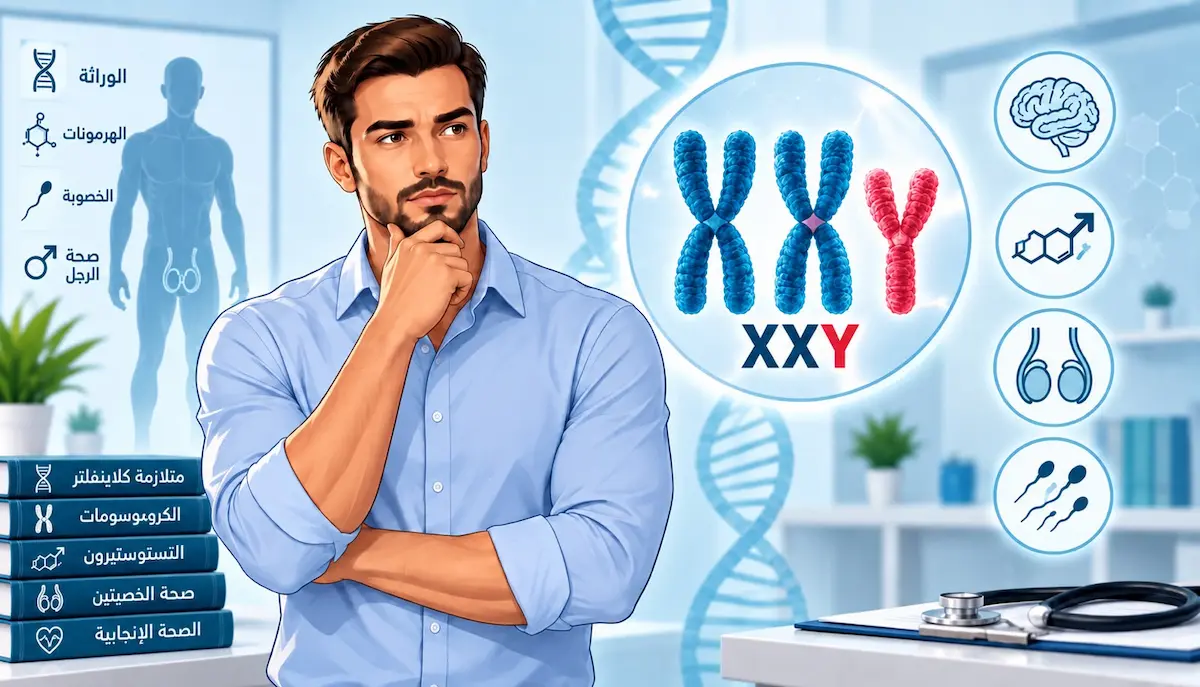 رسم توضيحي لشاب يفكر وبجانبه الرمز XXY ومجسم للكروموسومات، لمناقشة مقال متلازمة كلاينفلتر عند الرجال وأعراضها وتشخيصها وعلاجها.