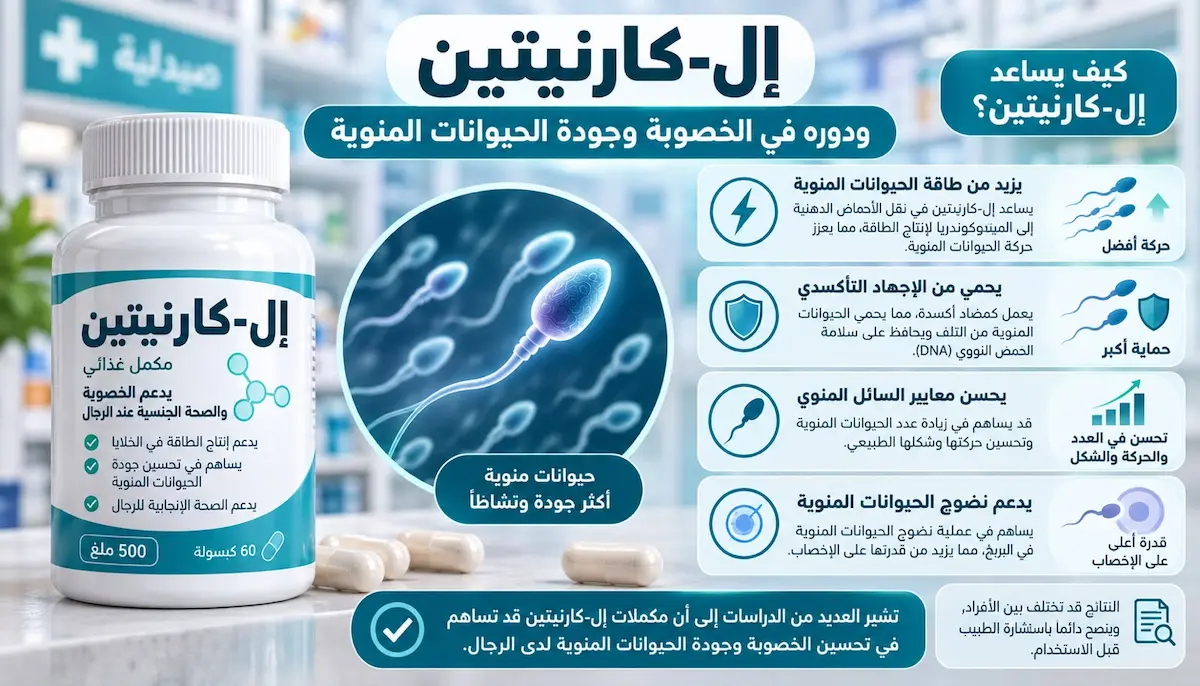 إنفوجرافيك طبي بصري يوضح شرح تأثير إل-كارنيتين على تحسين جودة وحركة الحيوانات المنوية وتعزيز الخصوبة لدى الرجال.