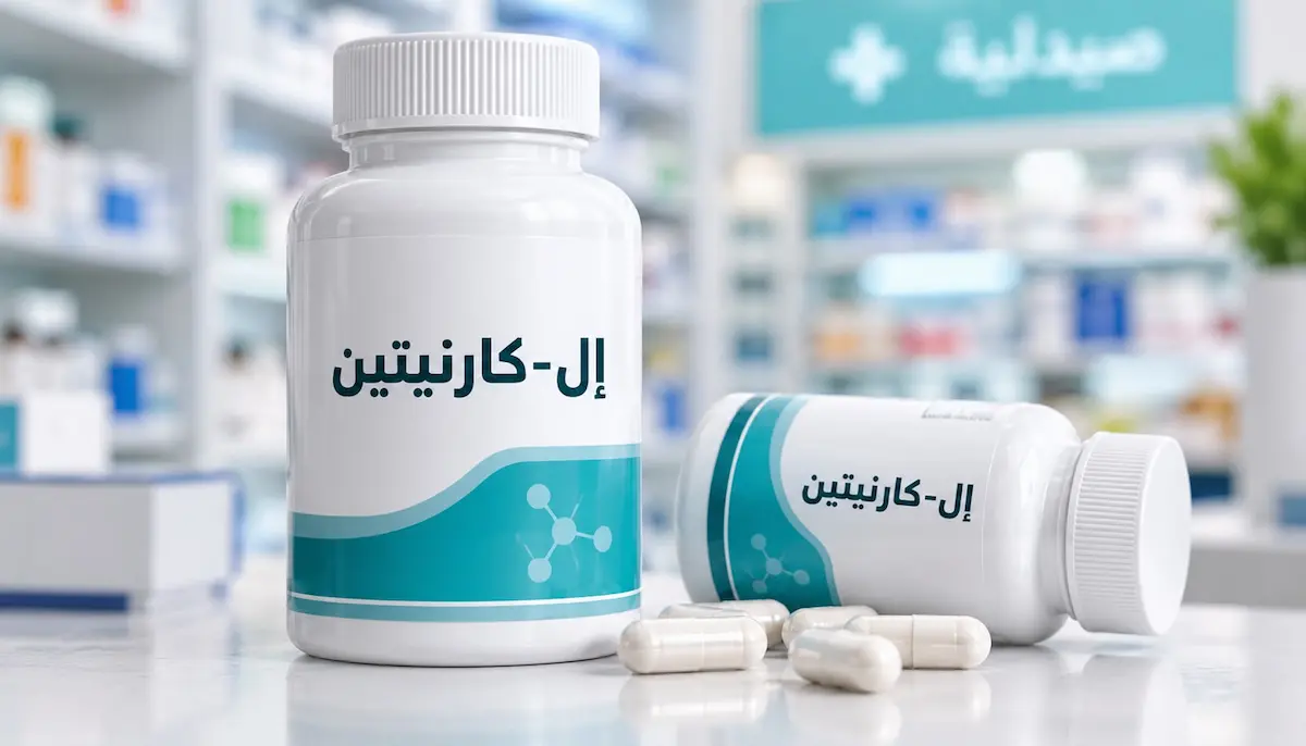 رسم توضيحي لعلبة مكمل إل-كارنيتين لمناقشة مقال إل-كارنيتين والصحة الجنسية عند الرجال ودوره في الخصوبة.