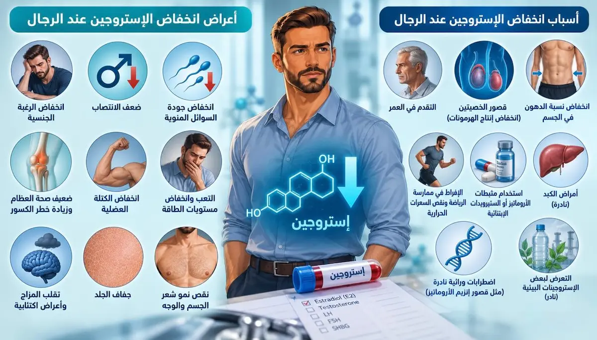 إنفوجرافيك طبي بصري يوضح شرح مفصل لأسباب وأعراض انخفاض الإستروجين لدى الرجال وتأثيره على العظام والدافع الجنسي والمزاج.