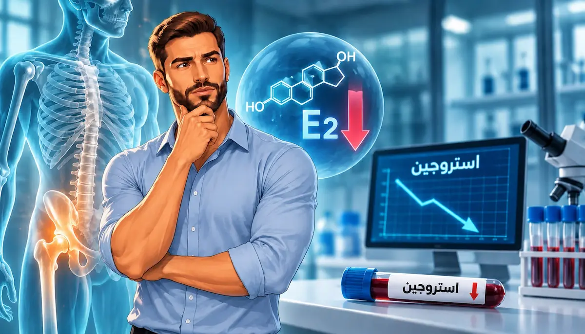 رسم توضيحي ولقطة لشاب يفكر ووراءه رمز الإستروجين وشاشة توضح انخفاض مستوياته لمناقشة مقال انخفاض الإستروجين عند الرجال وأسبابه وأعراضه وتأثيره على الصحة.