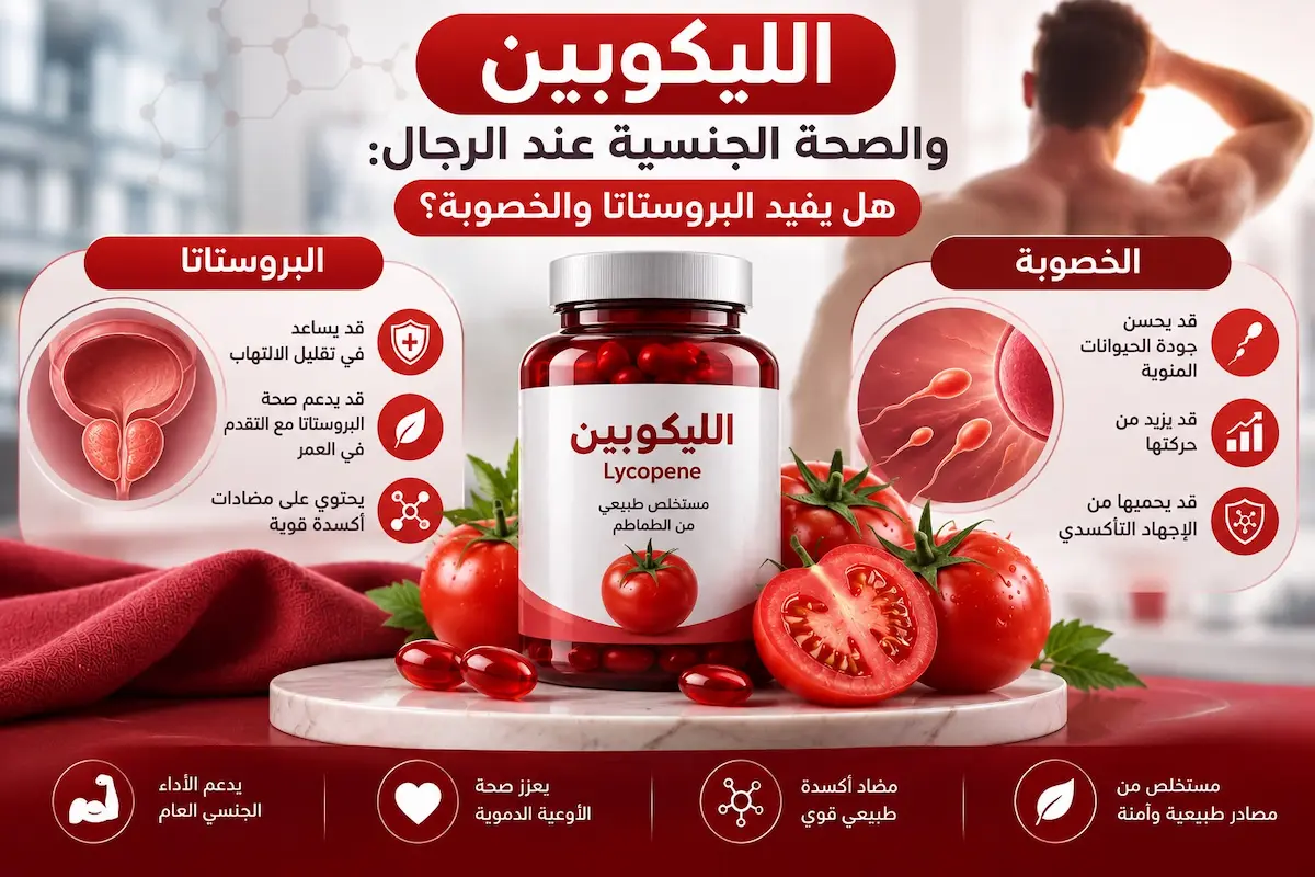 إنفوجرافيك طبي بصري يوضح شرح تأثير الليكوبين كمضاد للأكسدة في دعم صحة البروستاتا وتحسين الخصوبة وجودة الحيوانات المنوية.