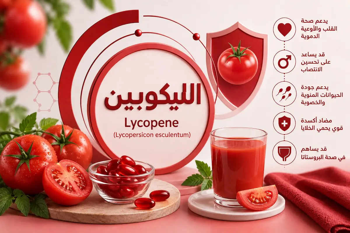 رسم توضيحي لرمز الليكوبين داخل دائرة وتحيط به مصادره من الطماطم والكبسولات لمناقشة مقال الليكوبين والصحة الجنسية عند الرجال.