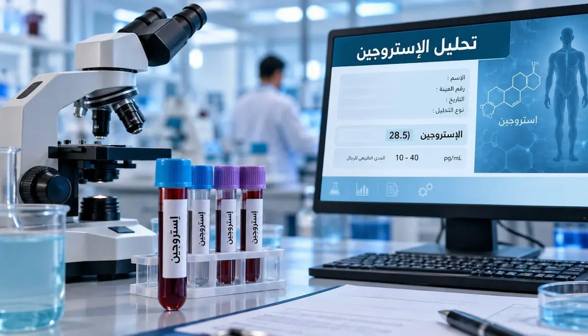 رسم توضيحي ولقطة لأنبوب تحليل دم مكتوب عليه استروجين ومجهر وشاشة تعرض أرقام ونتائج لمناقشة مقال تحليل الإستروجين عند الرجال وكيفية قراءة نتيجة الإستراديول.