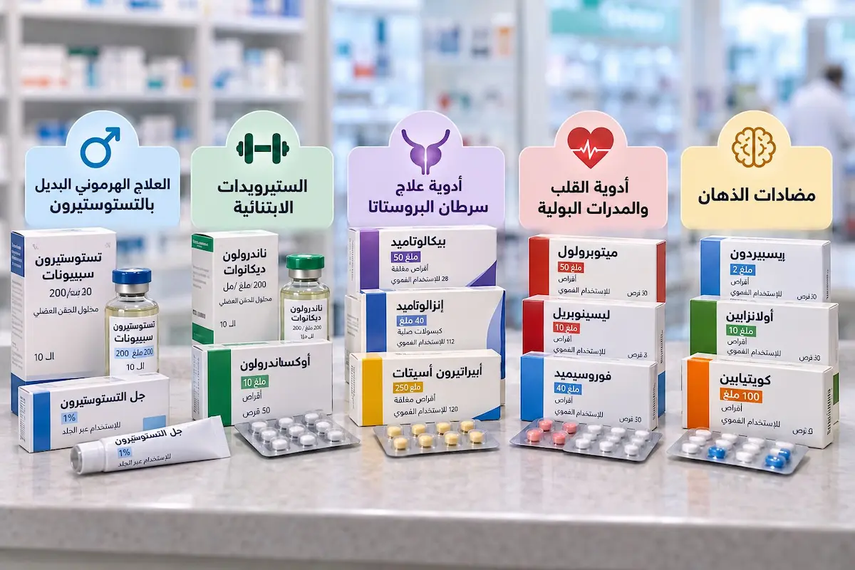رسم توضيحي ولقطة لعلب وأشرطة أدوية بارزة لمناقشة مقال الأدوية التي ترفع الإستروجين عند الرجال وكيفية تأثيرها على الهرمونات.