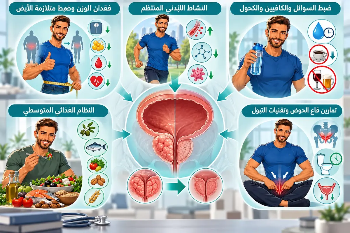 رسم توضيحي لشاب محاط برموز تغيير نمط الحياة لعلاج تضخم البروستاتا (إنقاص الوزن، النشاط البدني، تقليل الكافيين، النظام المتوسطي، وتمارين قاع الحوض) لمناقشة مقال علاج تضخم البروستاتا طبيعياً.