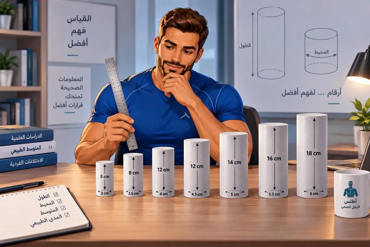 رسم توضيحي ولقطة لشاب يمسك بمسطرة وينظر إلى أشكال أسطوانية مختلفة الأحجام لمناقشة مقال الحجم الطبيعي للعضو الذكري ومتوسط الطول والمحيط حسب الدراسات.