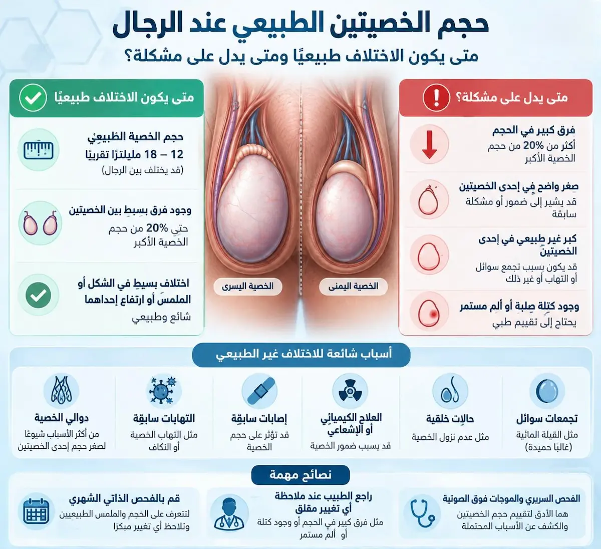 إنفوجرافيك طبي بصري يوضح شرح الفرق بين الاختلاف الطبيعي والمقبول في حجم الخصيتين والحالات المرضية التي تستدعي الاستشارة الطبية.