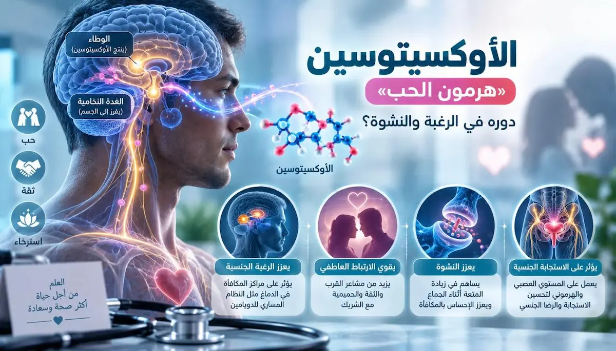 إنفوجرافيك طبي بصري يوضح شرح وآلية تأثير هرمون الأوكسيتوسين على تعزيز الرغبة الجنسية وتسهيل النشوة والقذف وتعميق الترابط العاطفي لدى الرجال.