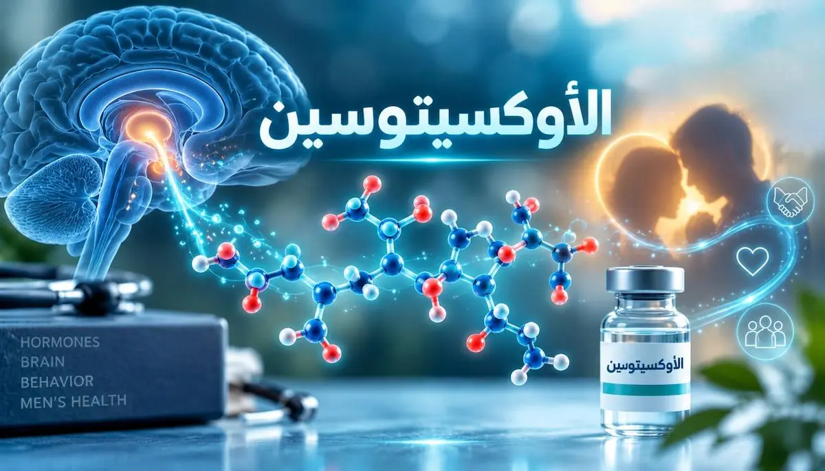 رسم توضيحي ولقطة لرمز هرمون الأوكسيتوسين ومجسم للدماغ لمناقشة مقال الأوكسيتوسين والصحة الجنسية عند الرجال ودور هرمون الحب في الرغبة والنشوة.