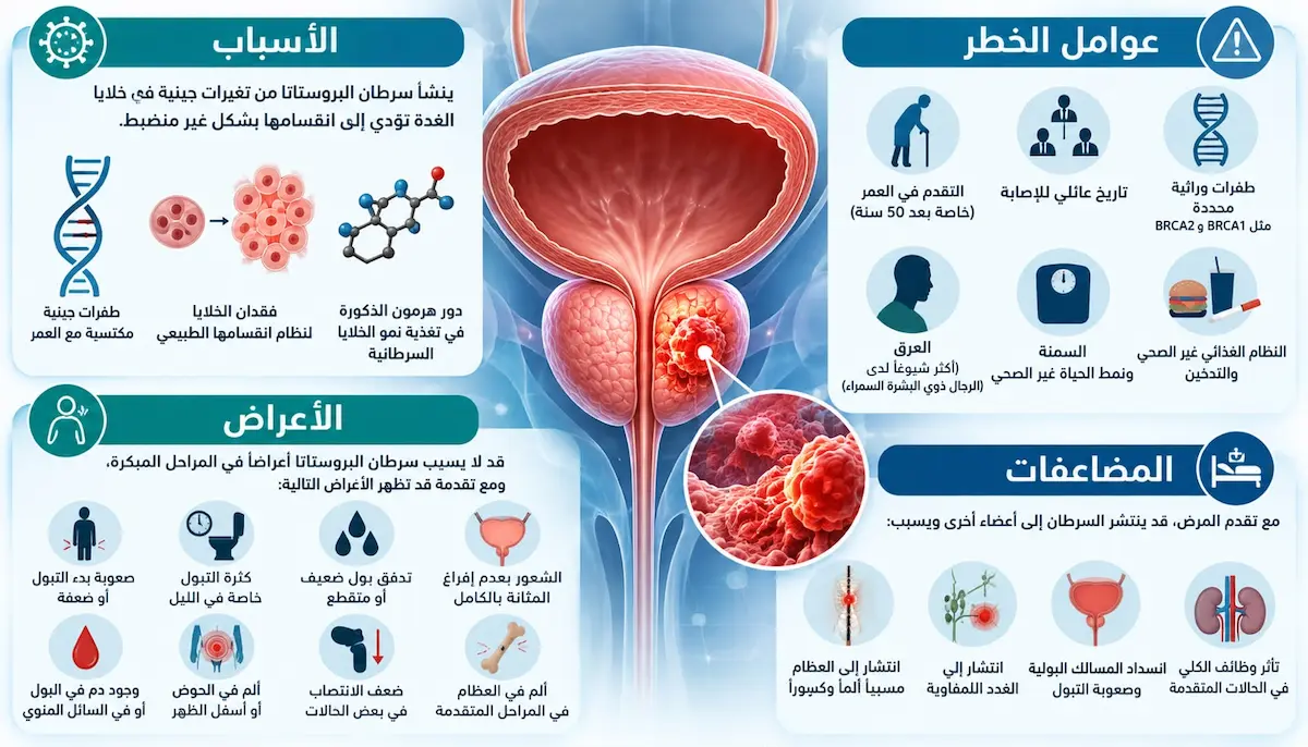 إنفوجرافيك طبي بصري يوضح ملخص أسباب سرطان البروستاتا، وعوامل الخطر التي تزيد احتمالية الإصابة، والأعراض المبكرة والمتقدمة، بالإضافة إلى المضاعفات الصحية المحتملة.