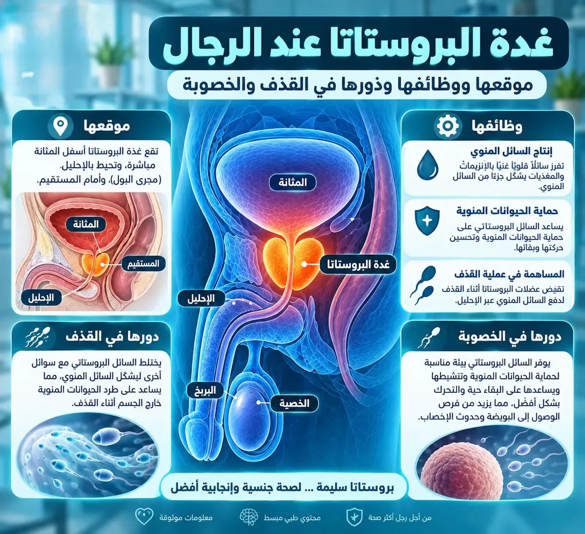 إنفوجرافيك طبي بصري يوضح ملخص غدة البروستاتا، موقعها التشريحي، وظائفها الإفرازية، ودورها المباشر في عملية القذف ودعم الخصوبة لدى الرجال.