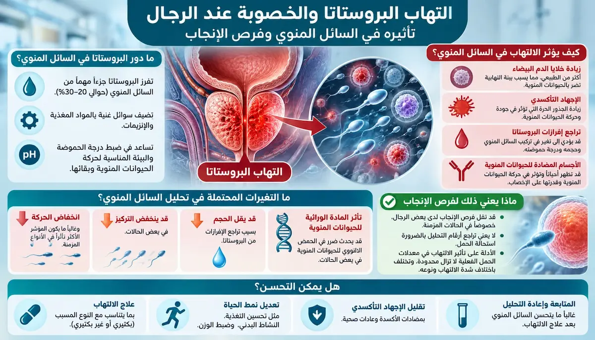 إنفوجرافيك طبي بصري يوضح بالتفصيل كيف يؤثر التهاب البروستاتا على جودة السائل المنوي، ويقلل من فرص الإنجاب، مع شرح للآليات البيولوجية.