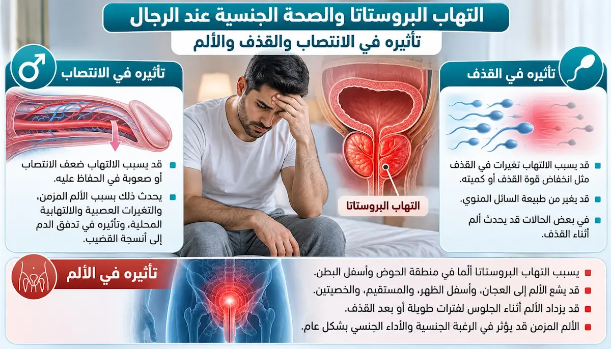 إنفوجرافيك طبي بصري يوضح بالتفصيل تأثير التهاب البروستاتا على الوظائف الجنسية الثلاث: الانتصاب (ضعف الانتصاب)، القذف (ألم القذف وسرعته)، والألم (ألم الحوض والجماع).