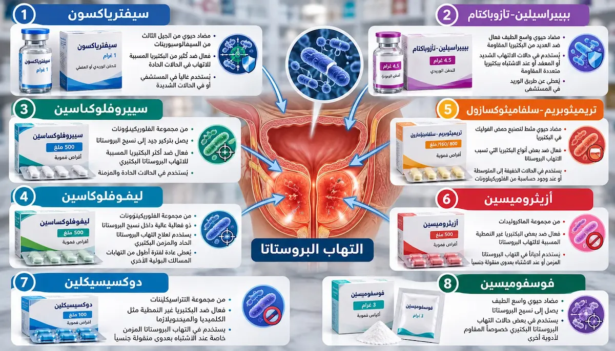 إنفوجرافيك طبي بصري يوضح شرح فئات المضادات الحيوية المستخدة لعلاج التهاب البروستاتا، وآلية عملها، بالإضافة إلى الأدوية والعلاجات المساندة لتخفيف الأعراض.