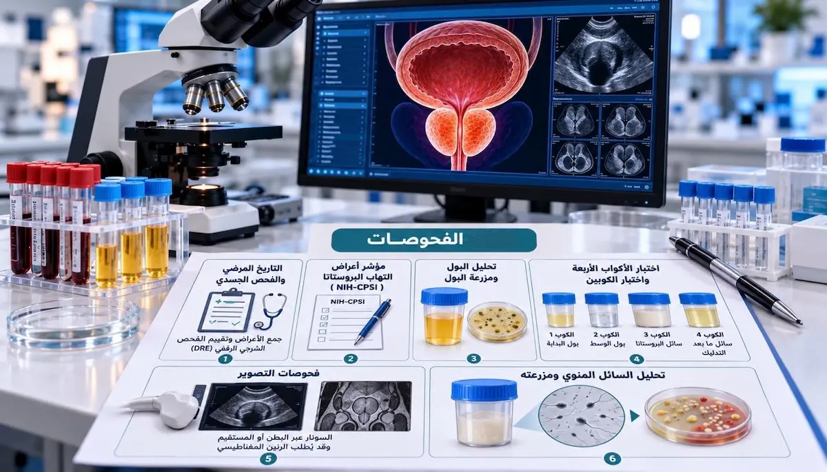 رسم توضيحي لمجهر طبي محاط برموز وأيقونات أبرز فحوصات تشخيص التهاب البروستاتا (تحليل البول، زراعة السائل المنوي، وفحص البروستاتا) لمناقشة مقال تشخيص التهاب البروستاتا وكيفية تحديد نوعه.