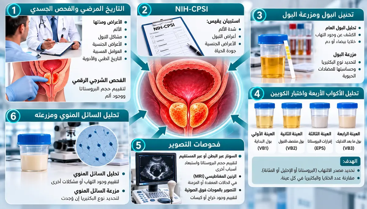 إنفوجرافيك طبي بصري يوضح شرح الفحوصات والتحاليل الطبية المستخدة لتشخيص التهاب البروستاتا وكيفية التمييز بين التهاب البروستاتا البكتيري الحاد والمزمن وغير البكتيري.