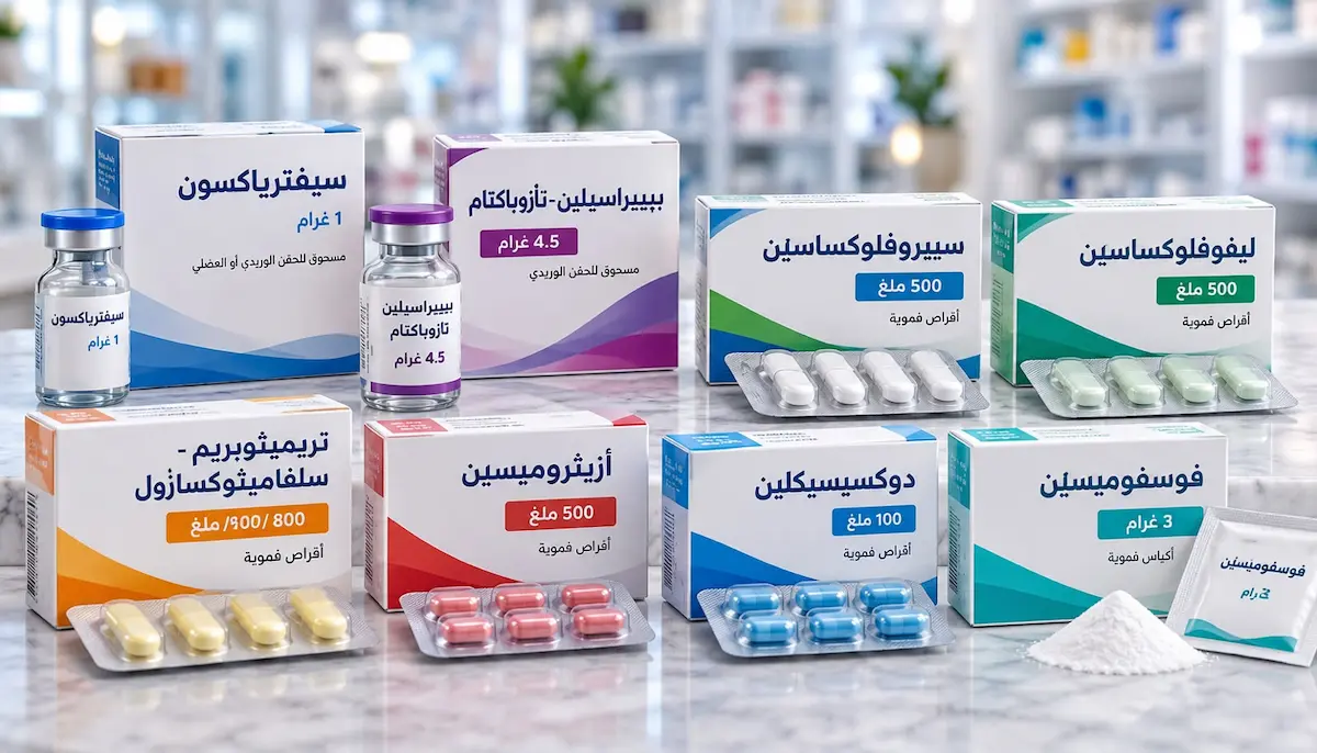 رسم توضيحي يظهر علب وأقراص أبرز أنواع المضادات الحيوية والأدوية المستخدة في علاج التهاب البروستاتا لمناقشة مقال علاج التهاب البروستاتا عند الرجال.