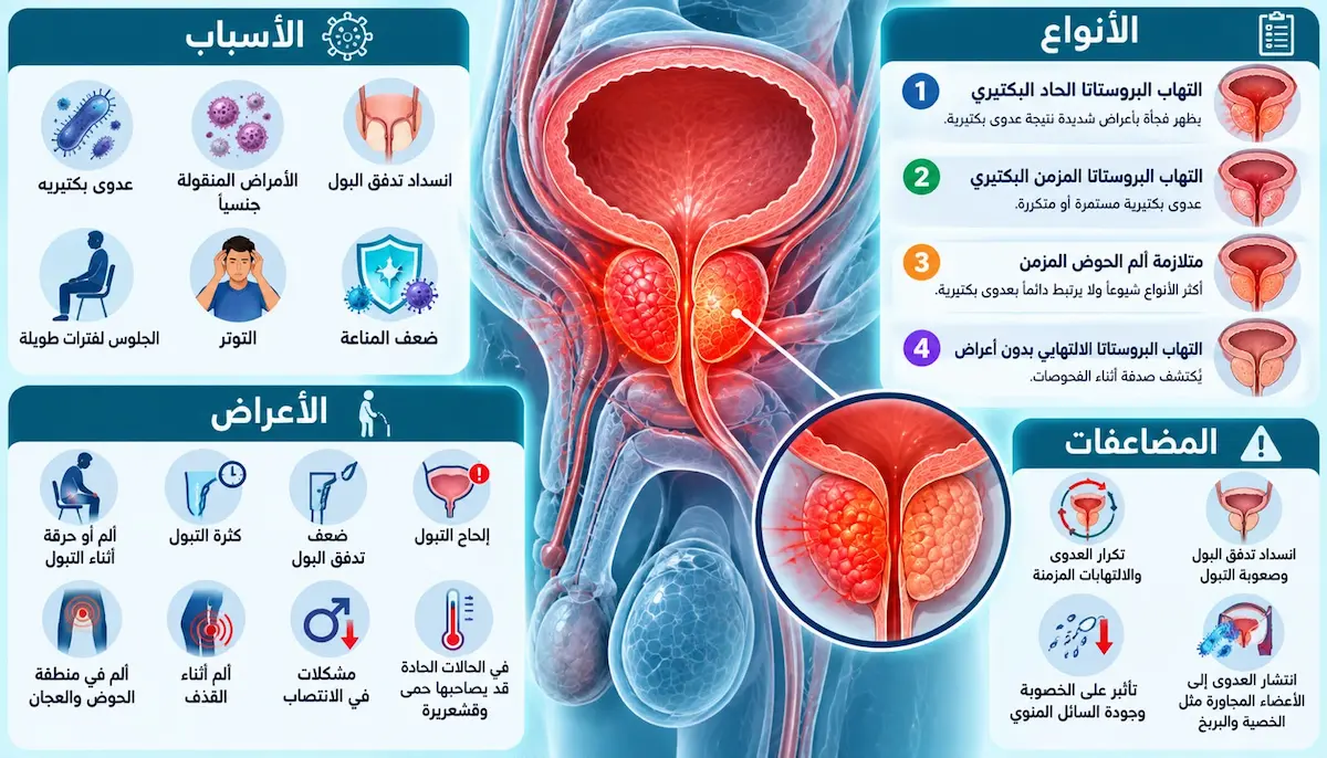 إنفوجرافيك طبي بصري يوضح ملخص أنواع التهاب البروستاتا (الحاد والمزمن والبكتيري)، وأسبابه، وأعراضه البولية والجنسية، ومضاعفاته المحتملة.