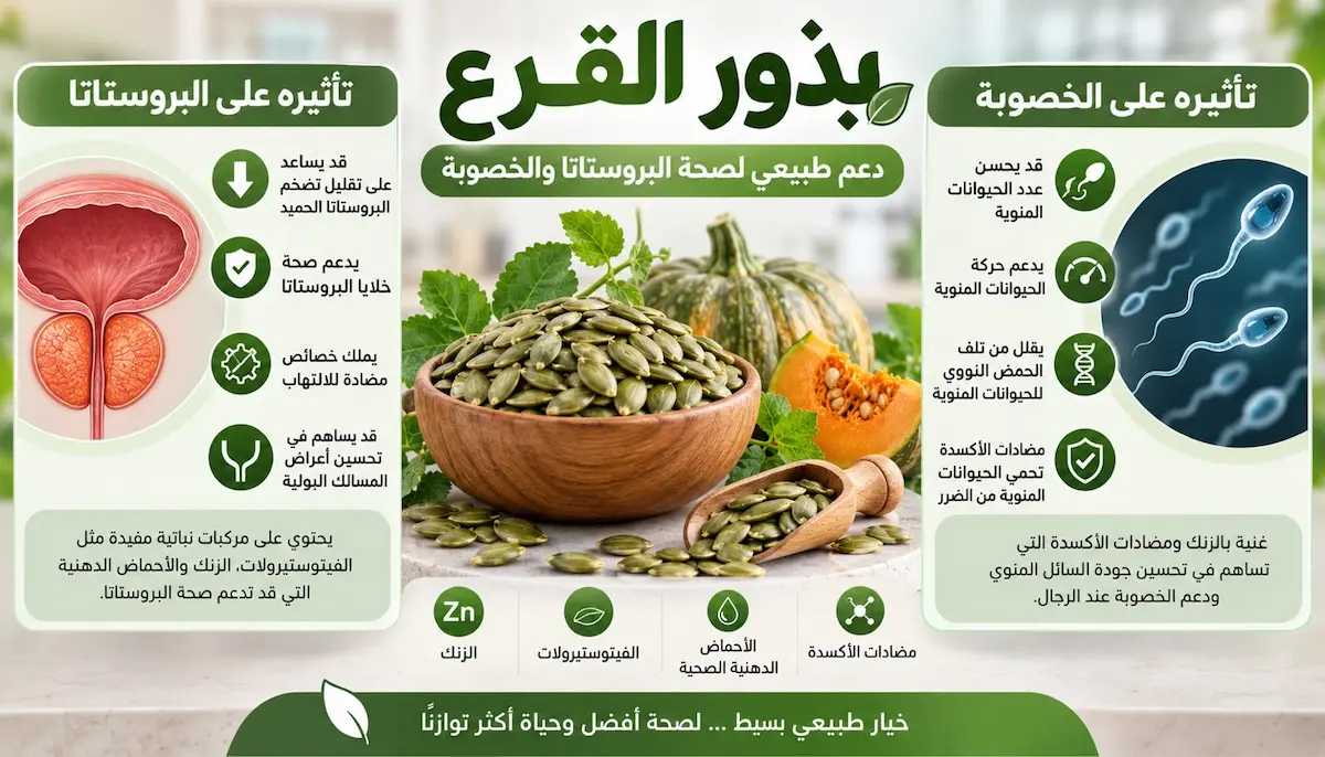 إنفوجرافيك طبي بصري يوضح شرح تأثير بذور القرع والمغنيسيوم والزنك على دعم صحة البروستاتا وتعزيز الخصوبة ومستويات التستوستيرون.