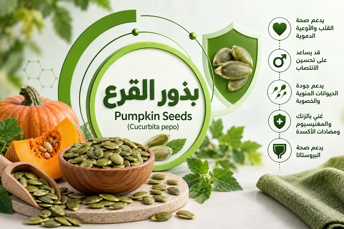 رسم توضيحي لمشروب بذور القرع ومصادره المختلفة لمناقشة مقال بذور القرع والصحة الجنسية عند الرجال وتأثيرها على البروستاتا والخصوبة.