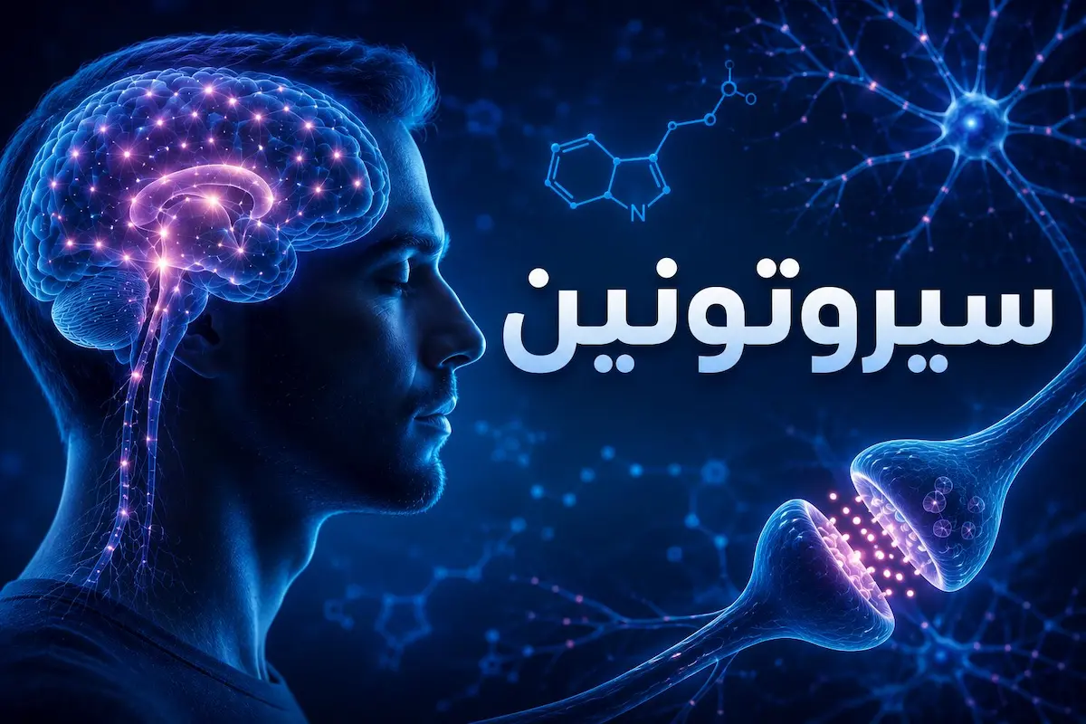 رسم توضيحي ولقطة لمجسم الدماغ وموصلات السيروتونين والخلايا العصبية لمناقشة مقال السيروتونين والصحة الجنسية عند الرجال وتأثيره على الرغبة والانتصاب والقذف.