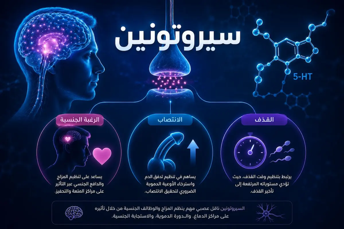 تأثير السيروتونين على الرغبة والانتصاب والقذف - أطلس الرجل الصحي. إنفوجرافيك طبي بصري يوضح شرح وآلية تأثير السيروتونين على تبيط أو تنظيم الرغبة والانتصاب وتأخير القذف لدى الرجال.