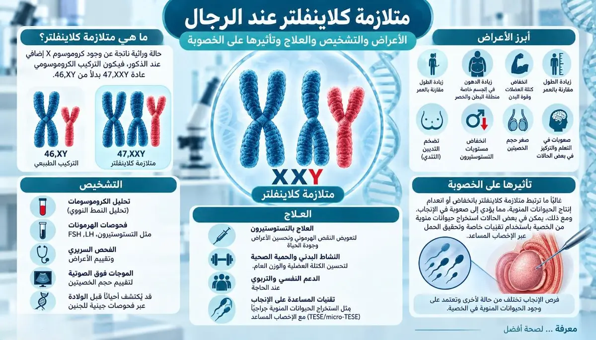 إنفوجرافيك طبي بصري يوضح ملخص متلازمة كلاينفلتر، مقسمًا بين الأعراض (جسدية ونفسية)، وطرق التشخيص (فحص الكروموسومات)، والتعامل مع الحالة (علاجات، دعم).
