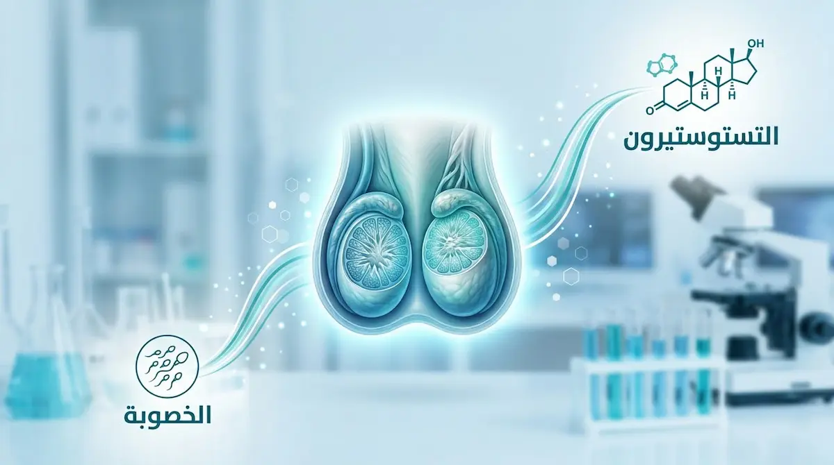 رسم توضيحي ولقطة توضيحية لتركيب الخصيتين ووظائفهما في إنتاج التستوستيرون والحيوانات المنوية لمناقشة مقال الخصيتين عند الرجال ودورهما في الهرمونات والخصوبة.