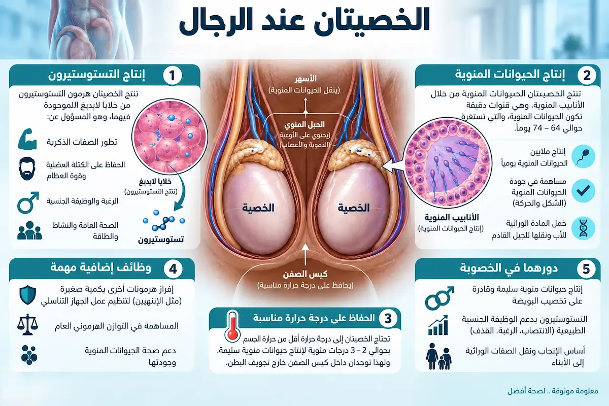 إنفوجرافيك طبي بصري يوضح ملخص وظائف الخصيتين والدور الأساسي الذي تلعبانه في إفراز التستوستيرون وإنتاج الحيوانات المنوية والحفاظ على الخصوبة عند الرجال.
