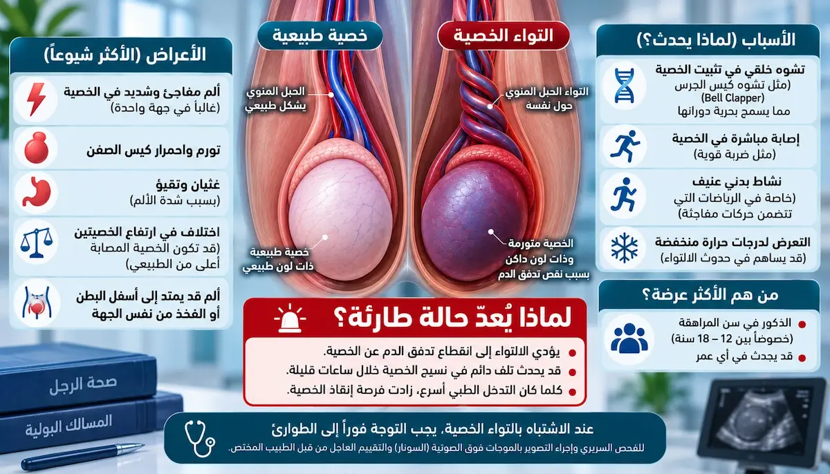 إنفوجرافيك طبي بصري يوضح شرح التواء الخصية، مقسمًا بين الأعراض الشائعة، والأسباب، وتوضيح لماذا هي حالة طارئة من خلال تأثيرها على انقطاع الدم وخطر موت النسيج.