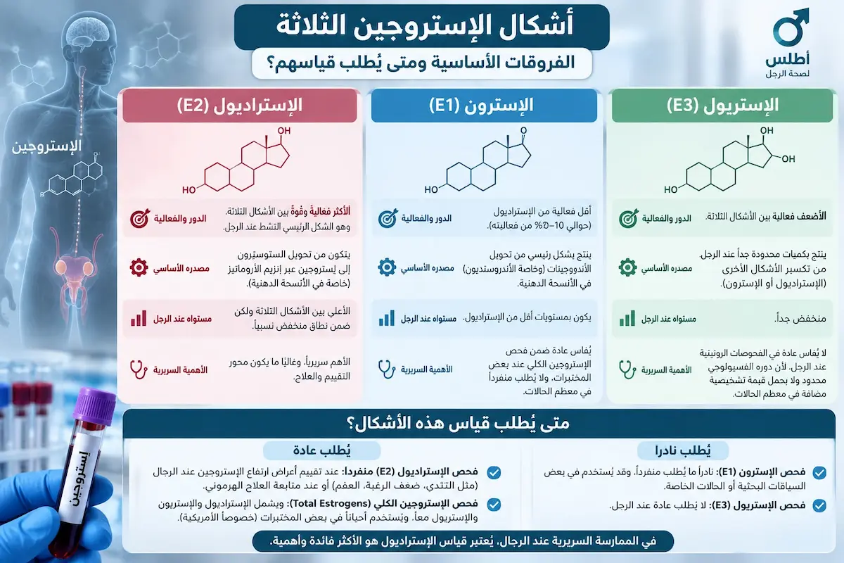 إنفوجرافيك طبي بصري يوضح شرح الفروقات بين أشكال الإستروجين الثلاثة (الإستراديول E2، الإسترون E1، الإستريول E3) ومتى يُطلب قياس كل منها لدى الرجال.