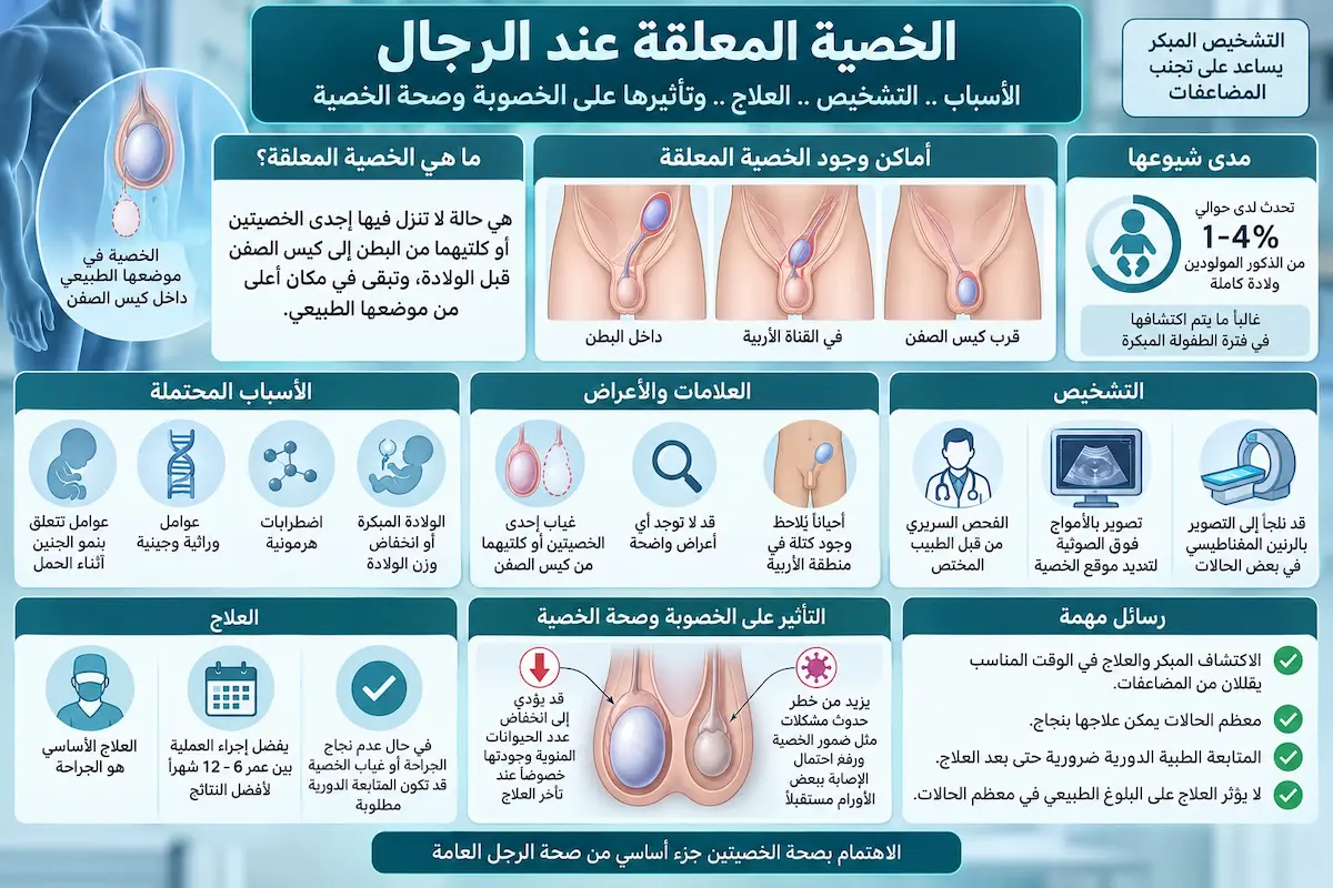 إنفوجرافيك طبي بصري يوضح ملخص أسباب الخصية المعلقة وطرق علاجها وتأثيرها على صحة الخصية والخصوبة.